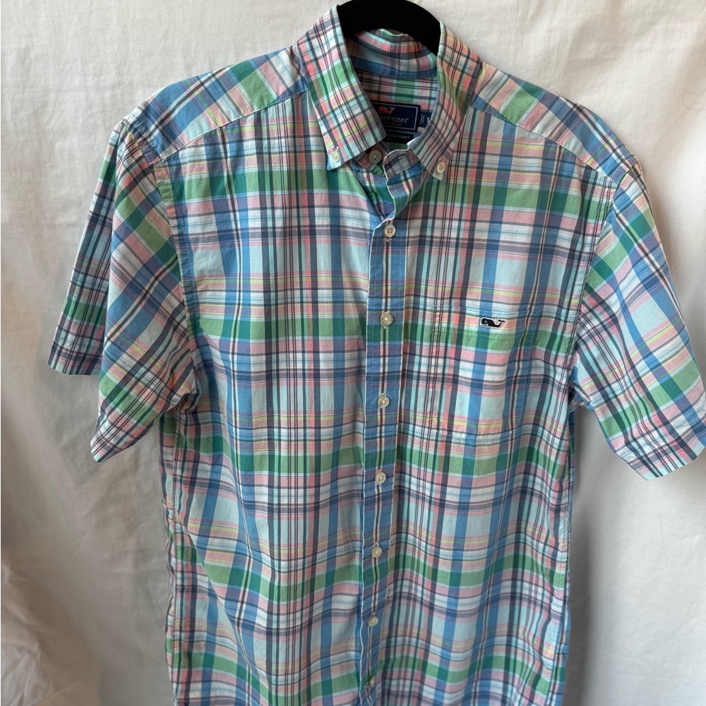 Vineyard Vines Men's Blue and Green Plaid Shirt